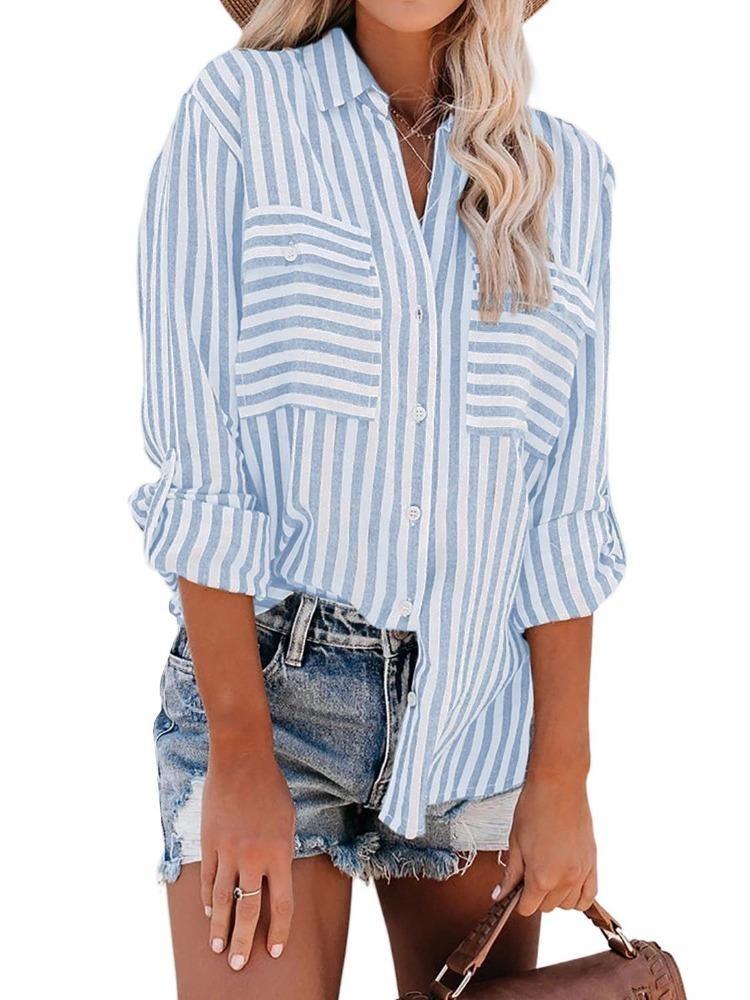 2024 Summer Women's Fashion Striped Long Sleeve Shirt Cotton Polyester Blend