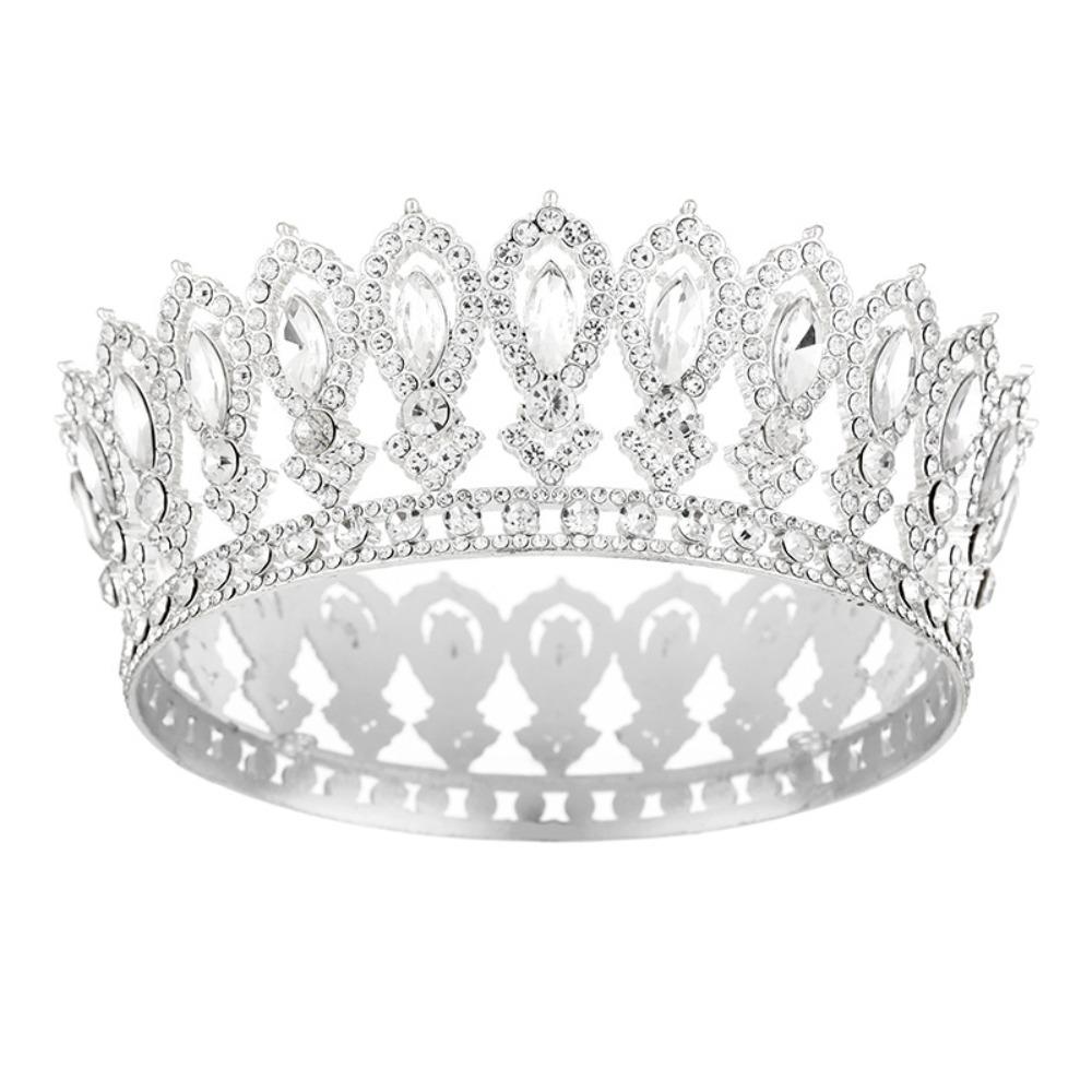 Round Princess Queen Tiara European Crystal Full Crown Metal Bridal Wedding Crowns  Birthday Party