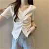 Hotsweet Amerikanischer Stil Sommer Damenbekleidung Einfarbige T-Shirts V-Ausschnitt Plissiert Mode Lässig Junger Stil Slim Kurzarm Tops