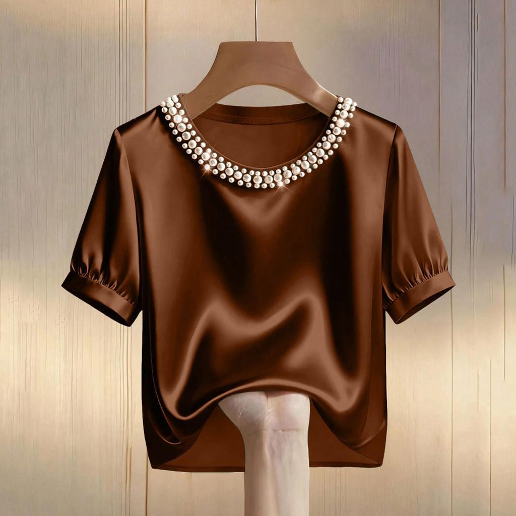 Damen-T-Shirt mit Satin-Perlenmuster, Rundhalsausschnitt und kurzen Ärmeln, lässiges Oberteil