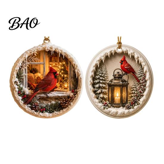 Warm Companionship Winter Decor 2 Pcs Red Bird Christmas Ornaments, 2D Round Acrylic Snowy Scene Thoughtful Presents for Friends Xmas Tree Hanging