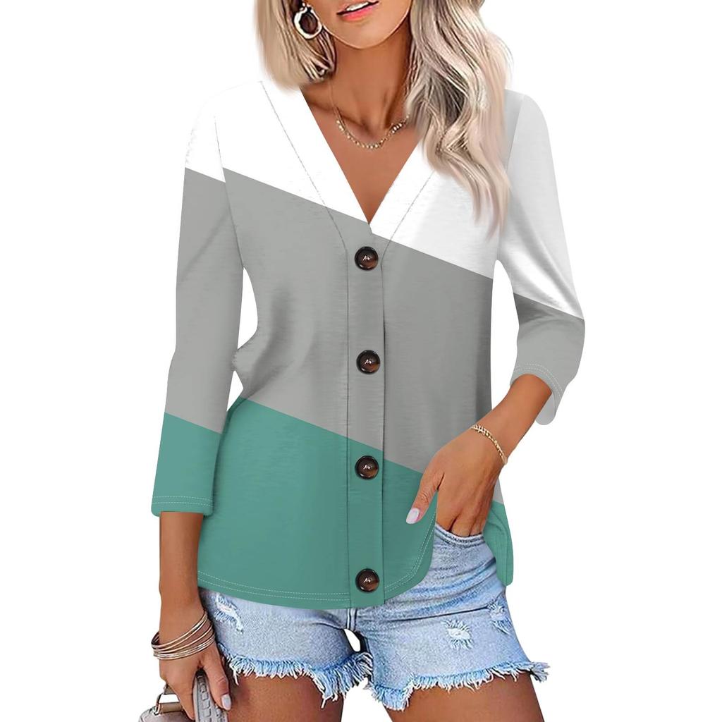Women's Fashion Casual Striped Geometric Print Button-Down Shirt Three-quarter Sleeve Cardigan Top