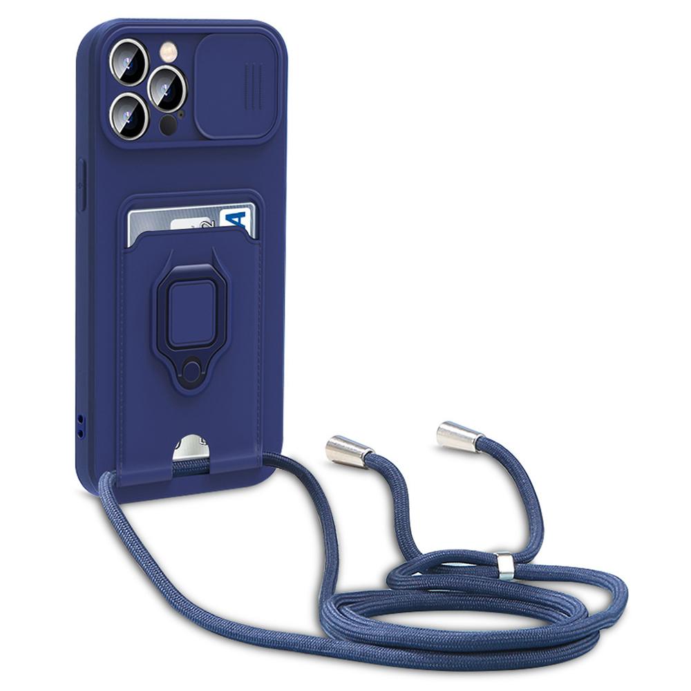 For iPhone 15 Pro Max Case Card Holder PC + TPU Phone Kickstand Cover with Lanyard
