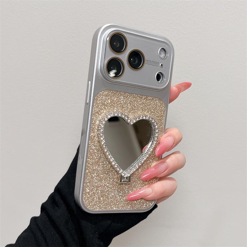 Glitter Heart Mirror Stand Case for iPhone 13/14/15/16/17 Pro Max