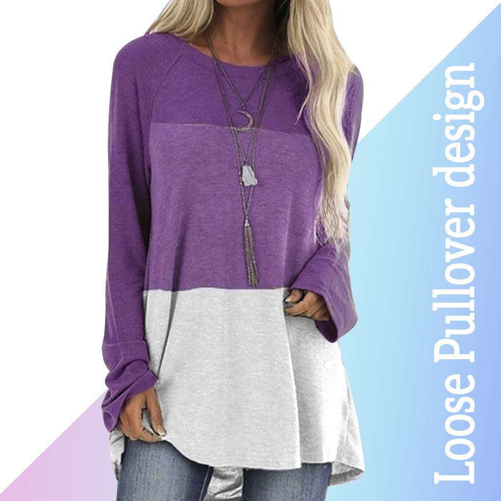 Damen T-Shirt Langarm Rundhals Kontrastfarbe Baumwoll-Top