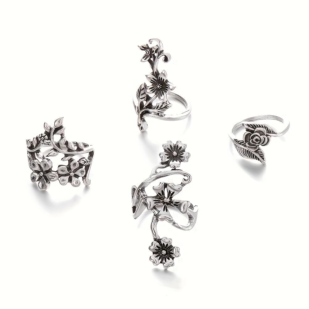 4-Piece Set of 925 Silver Vintage Stackable Floral Rings - Simple and Elegant Design for Women - Suitable for Everyday and Gift Occasions