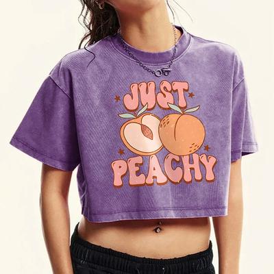 Just Peach Illustration Printed Womens Washed T-Shirts O-Neck T-Shirt Comfortable Clothing Slim Cotton Streetwear