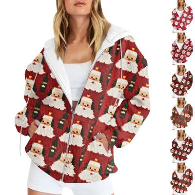 Women's Christmas Printed Sweatshirt Winter Long Sleeve Cardigan Jacket With Pockets Zipper Hoodie Outerwear