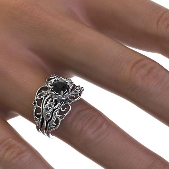 Set di Gioielli da Donna Trendy in Tre Pezzi: Anello Ondulato Floreale con Accento di Diamante Nero