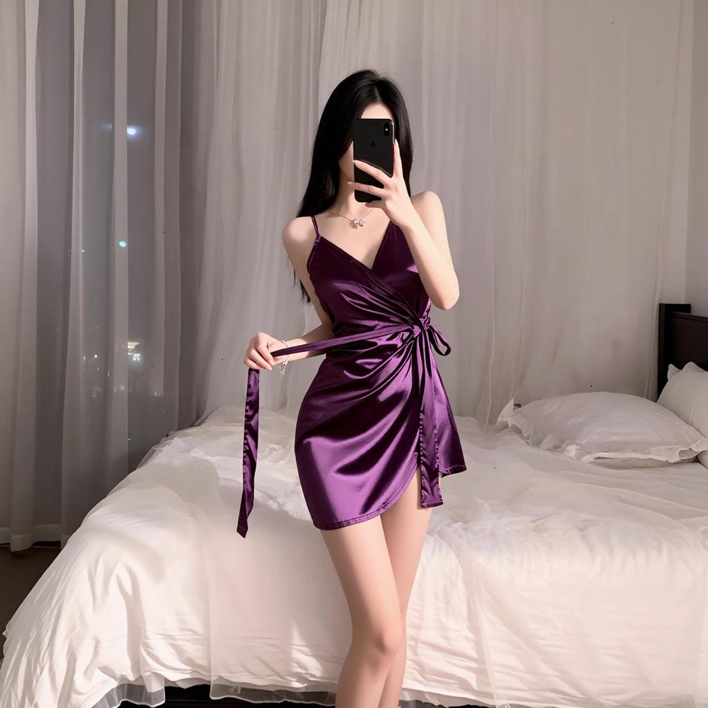 Satin Lace-Up V-Neck Nightdress with Summer Ice Silk - Temptingly Hot and Purely Desirable Sleepwear