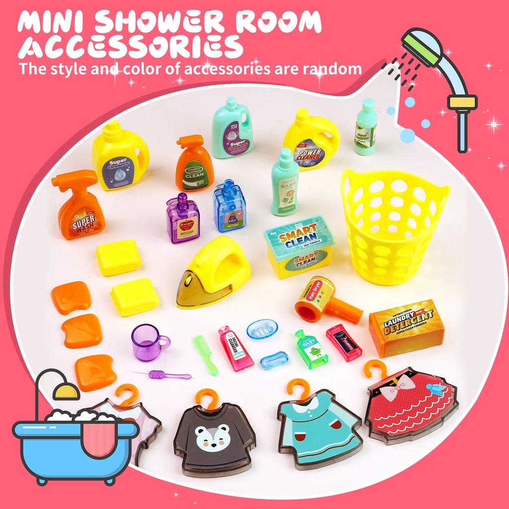 Pink Bathroom Role Play Set with Shower Vanity Laundry Cabinet Ironing Board - Ideal Christmas Thanksgiving New Year Gift