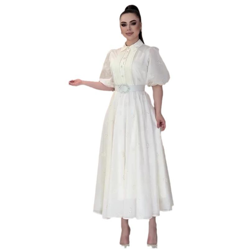 2024 Sommer Dame Ensfarget Puffermer Midjeknyttet Elegant Lang Kjole