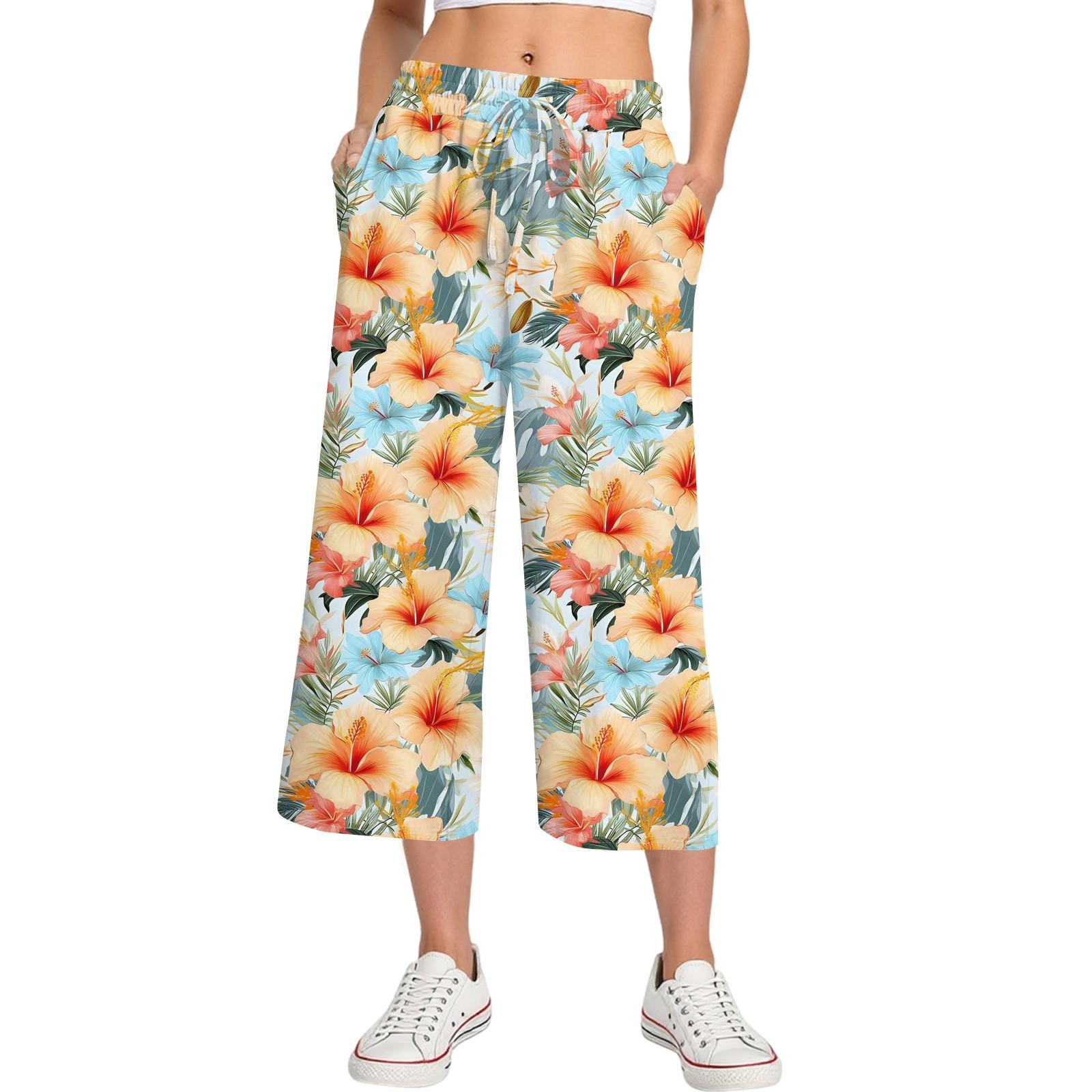 

Женские летние повседневные спортивные брюки с высокой талией и принтом, укороченные брюки свободного покроя M оранжевый