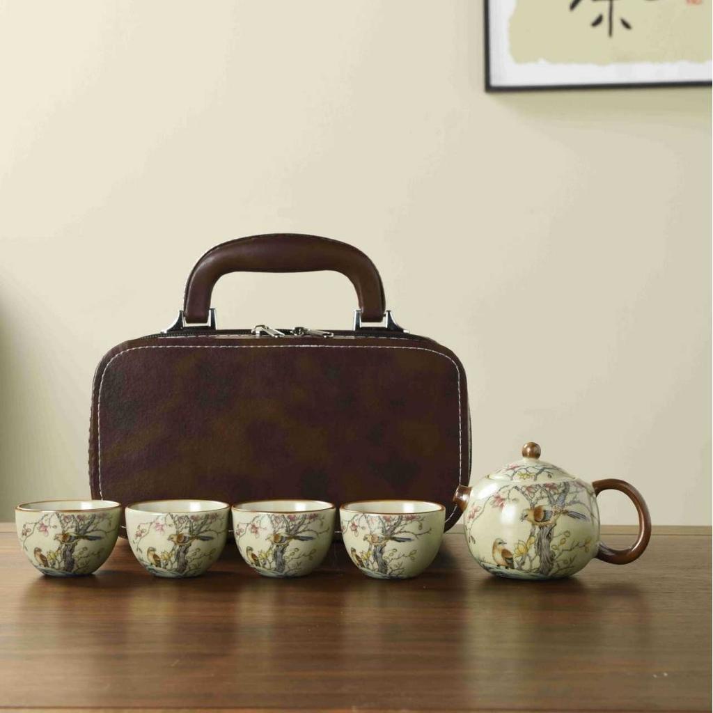 Ru Kiln Travel Tea Set One Pot Four Cups Retro Kung Fu Tea Set Ceramic Teapot Tea Cup Portable Outdoor Teaware Sets Leather Bag