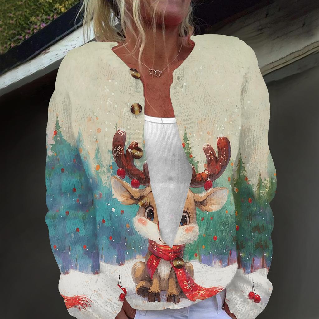 Damenmode, weihnachtlich bedruckt, langärmelig, Strickjacke, Button-Down-Jacke