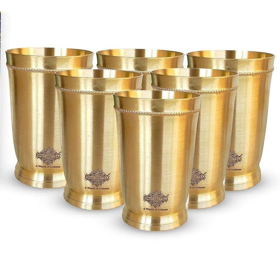 Sklenice/pohár z čisté mosazi s matným povrchem a mosazným dnem, pro pití servírování vody, jógu a ájurvédu, objem-270 ml, sada 6 kusů