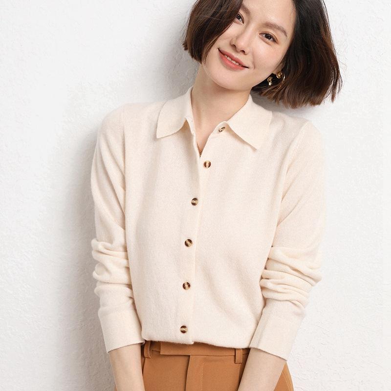 New POLO Collar Shirt for Women, Fashionable Loose Long-sleeved Knitted Cardigan, Temperament Lapel Jacket, Women's Sweater