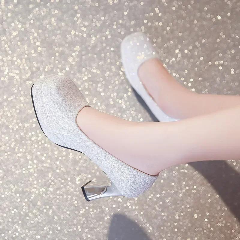 Fashion 35-44 Large Women's High Heels Platform Thick Heels Mary Jane Shoes Small Square Head Set Silver Womens Shoes