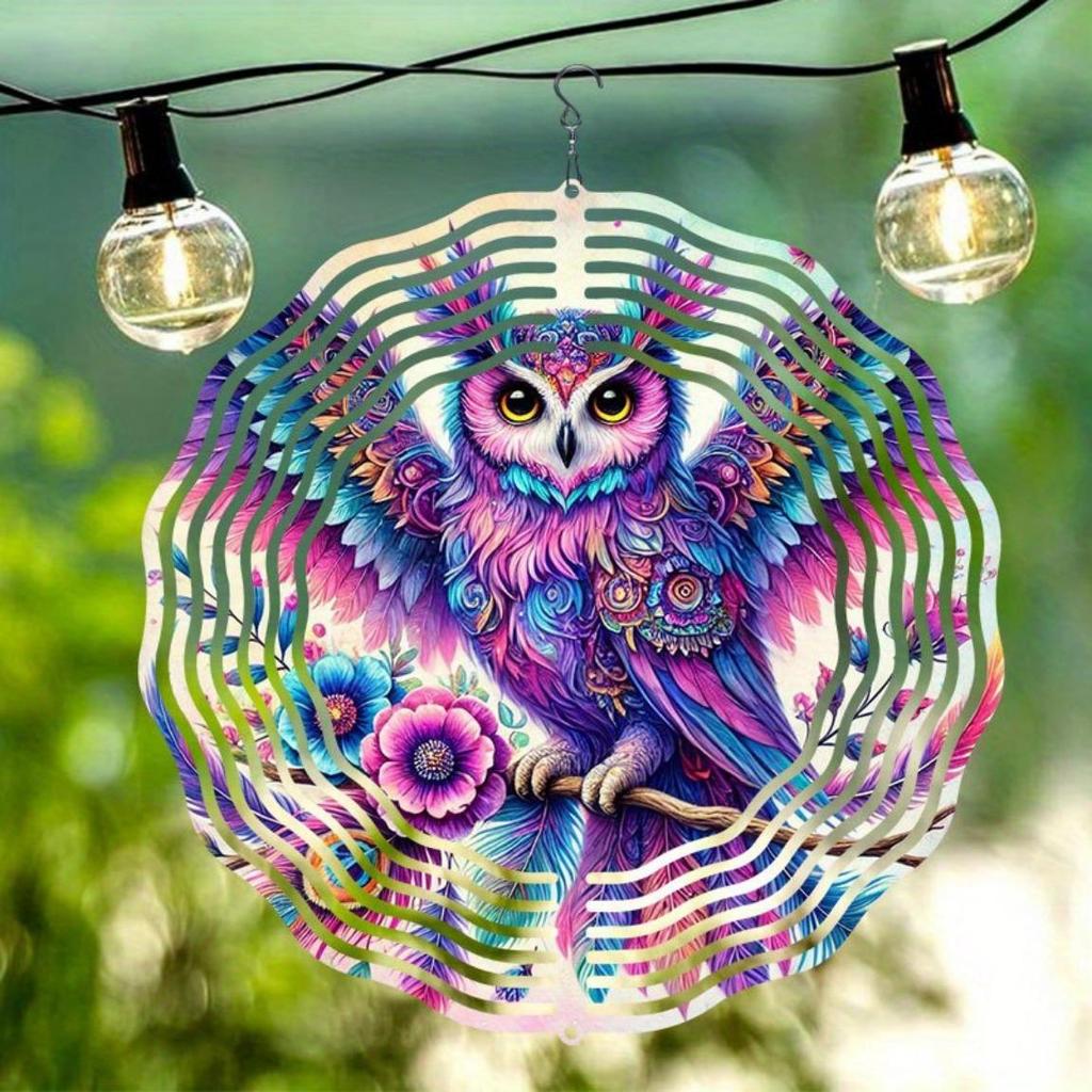 Metal Rotating Wind Chime with Owl and Floral Design Colorful Outdoor Garden Decor Soothing Sound No Electricity Needed Holiday Home