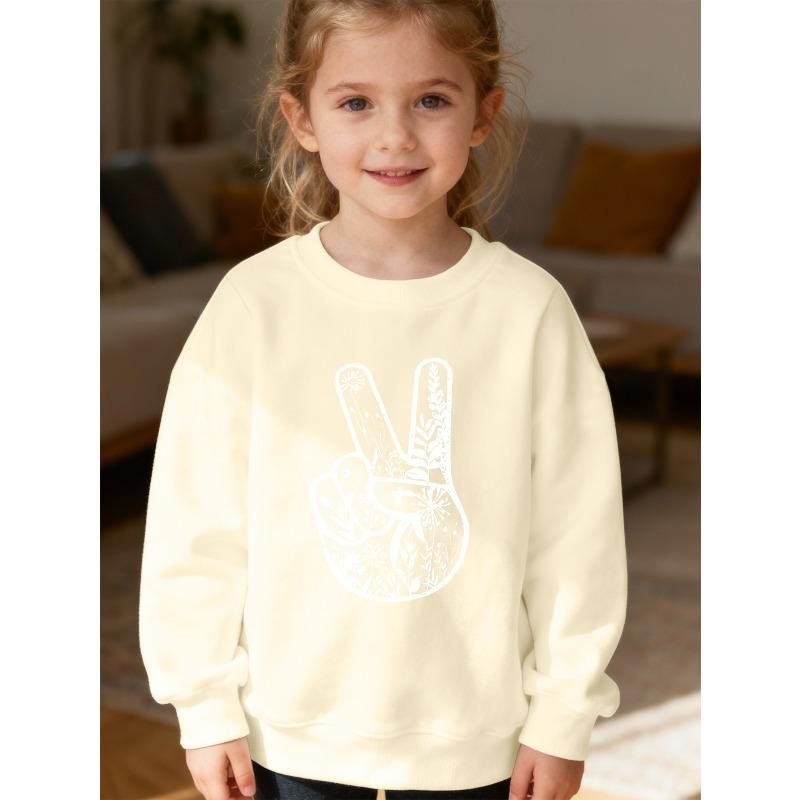 Kids Unisex Crewneck Sweatshirt, Floral Peace Sign Hand Vintage Print Long Sleeve Pullover, Soft Kids Sweatshirt For Boys Girls Over 4 Years Old