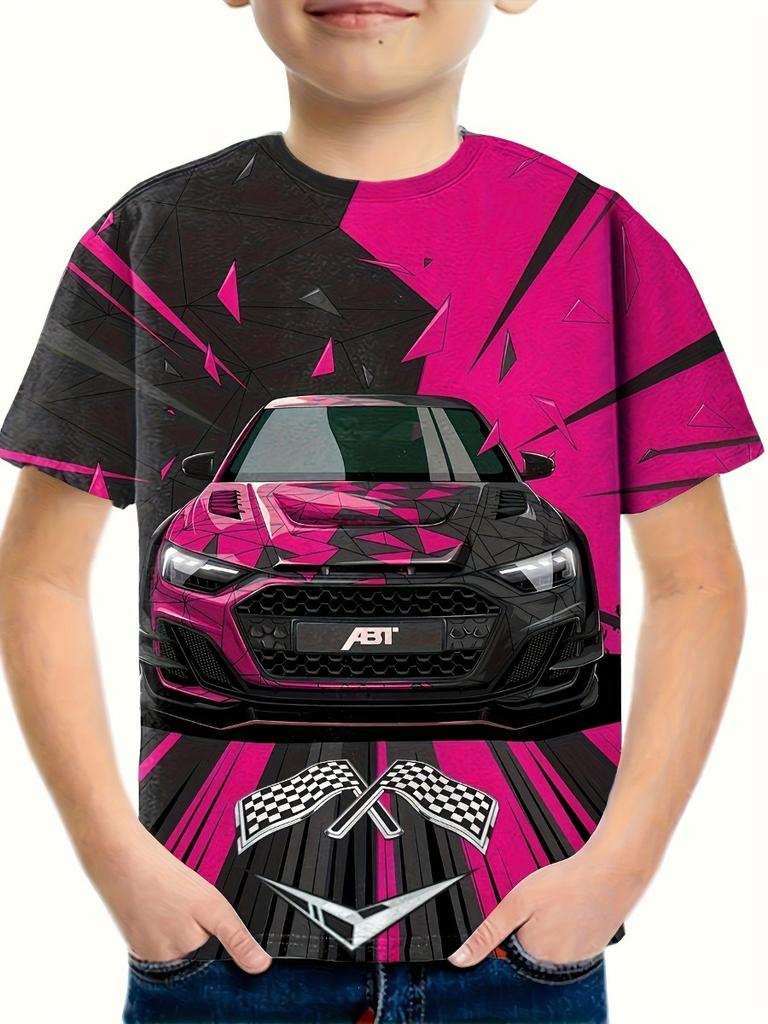 Summer Fashion Racing Car Pattern 3D Print Boys Creative T Shirt Casual Lightweight Short Sleeve Crew Neck Tee Tops