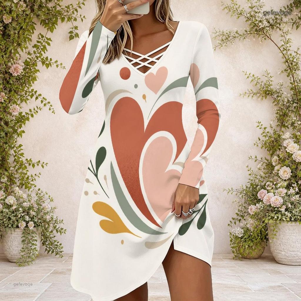 Damen Cross V-Ausschnitt Langarmkleid Aquarell Spritzer Herz Muster Unregelmäßiger Saum Kleid