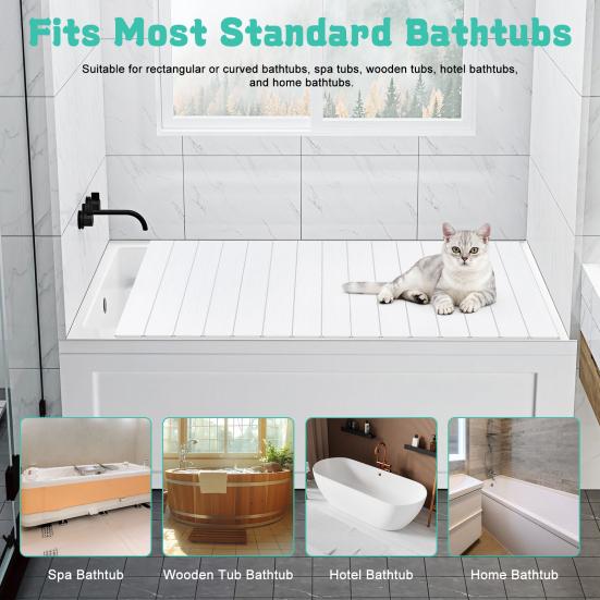 Foldable Bathtub Cover Cover, 63x31.5in Waterproof Bath Insulation Tray, PVC Shutter Dust Board Lid Fit Most Tubs for Home Bathtubs Bathroom