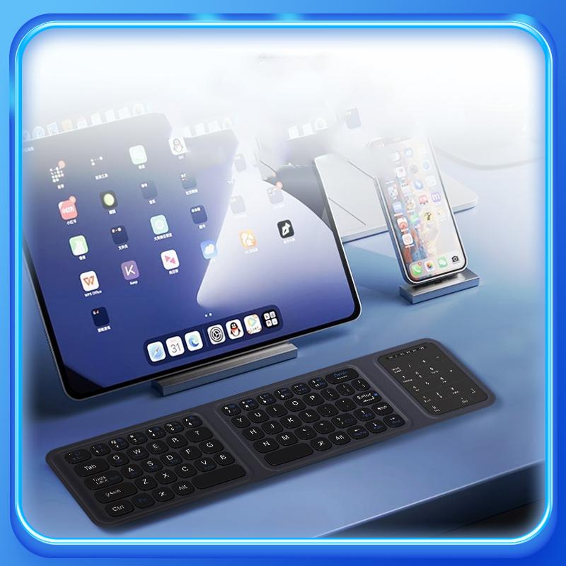 English Tri-Fold Wireless BT Foldable Full Size Silent Click Keyboard with Touchpad & Numeric Pad for Laptop/Tablet-