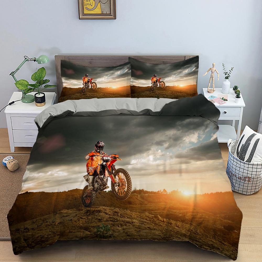 Motocross King Queen Bedding Set For Boys Adults Off-road Race Motorcycle Duvet Cover Dirt Bike Rider Polyester Comforter Cover