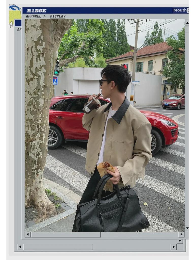 Korean Style Men's Contrast Lapel Leather Jacket - Autumn Short, Loose Fit with Padded Shoulders