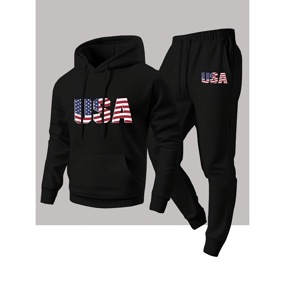 Autumn and Winter Men's Sports and Leisure Hooded Sweatshirt and Sweatpants Set 2 Pieces with Fashionable National Flag Print