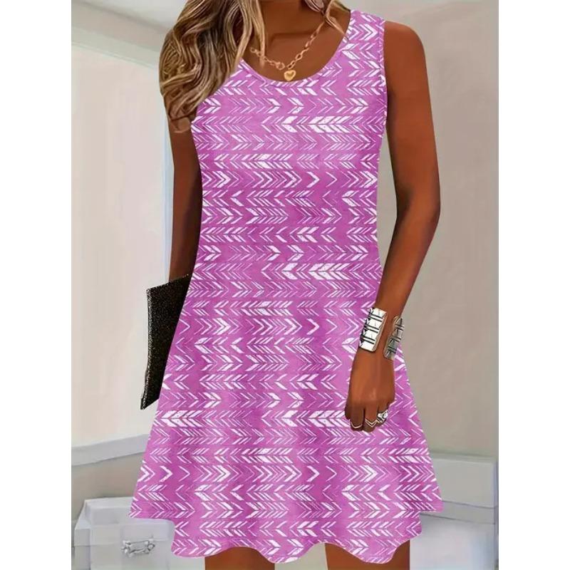 Large Size Women's Dress Fashionable 3D Plaid Print Sleeveless Elastic Round Neck Summer Dress