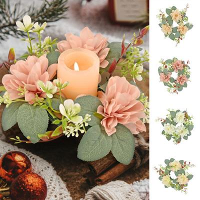 Artificial Dahlia Wreath Candle Ring Pillar Candle Holder Green Leaves Flower Garland