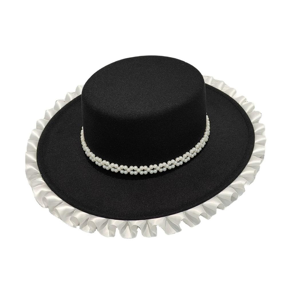 Original Design White Elegant Wedding Hat French Elegant Retro Hepburn Autumn Winter Celebrity Pearl Wool Lace Flat Top Hat