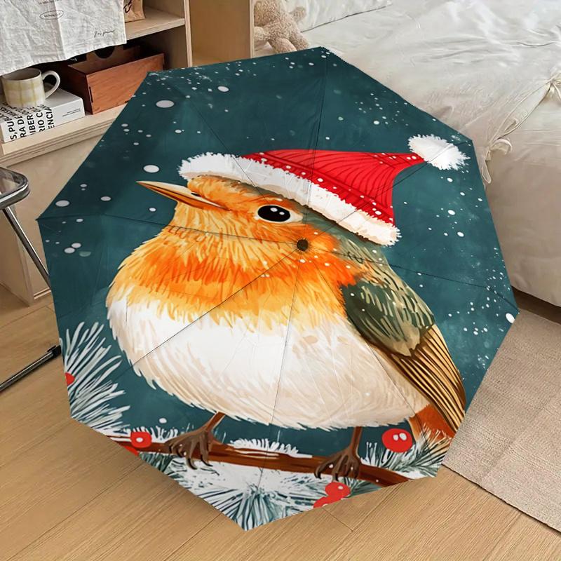 Christmas Robin with Santa Hat - Automatic Opening Umbrella, Portable 3-Fold Design, 8-Bone Iron Frame Outdoor Umbrella, Festive Gift for Fa