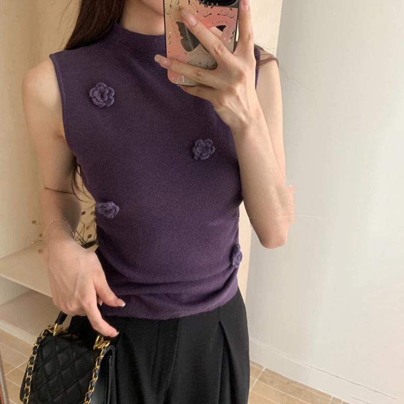 

French Style Half Turtleneck Three-Dimensional Flower Sleeveless Vest For Women Summer Pleated Waist Slim Fit розовый