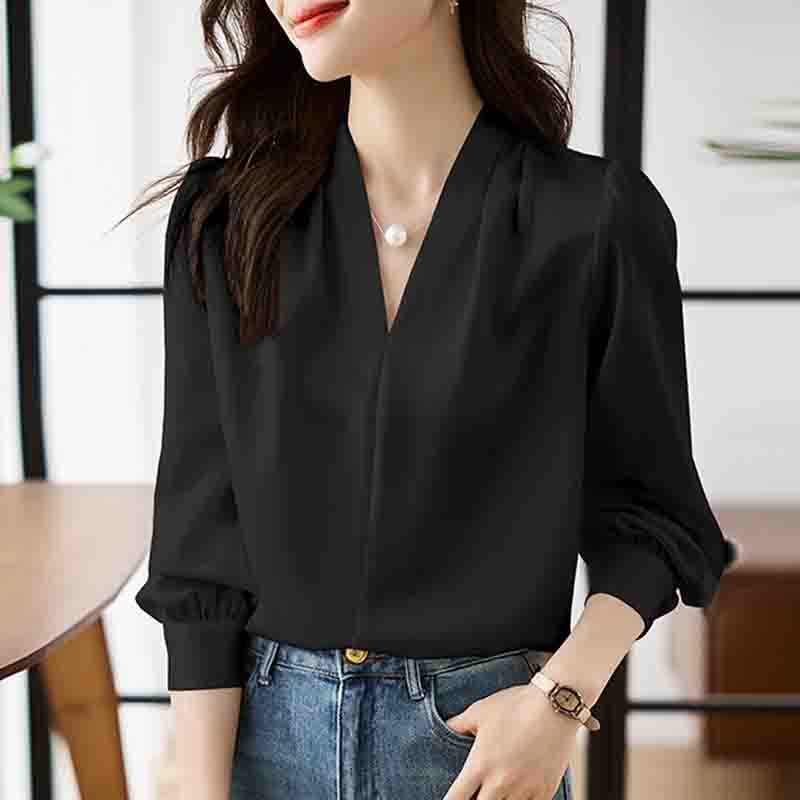 

Модная новая осенняя женская блузка с длинным рукавом и V-образным вырезом для офисных леди, черная белая шифоновая рубашка, женские топы J741 XL чёрный