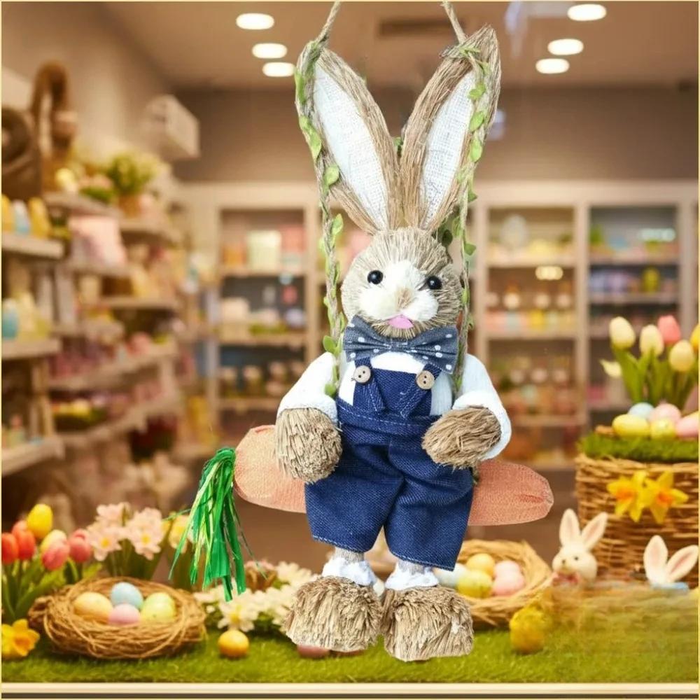 Easter Bunny on Swing Handmade Woven Grass Rabbit Creative Figurine Home Decor Hanging Ornament Forest Theme Gift Souvenir