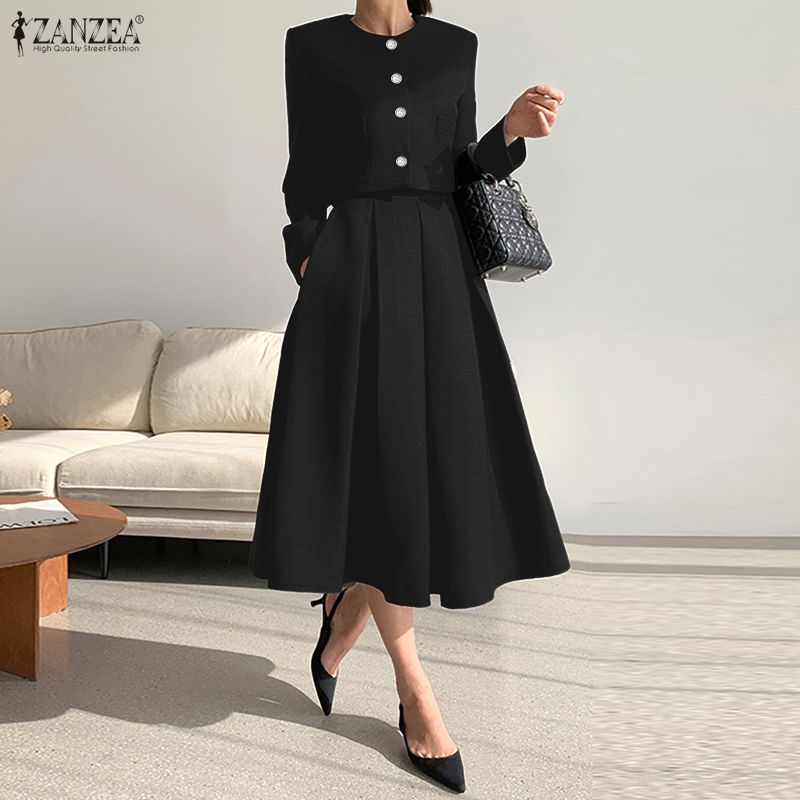 

ZANZEA Женская блузка с длинным рукавом и длинные юбки, повседневные костюмы-двойки XL чёрный