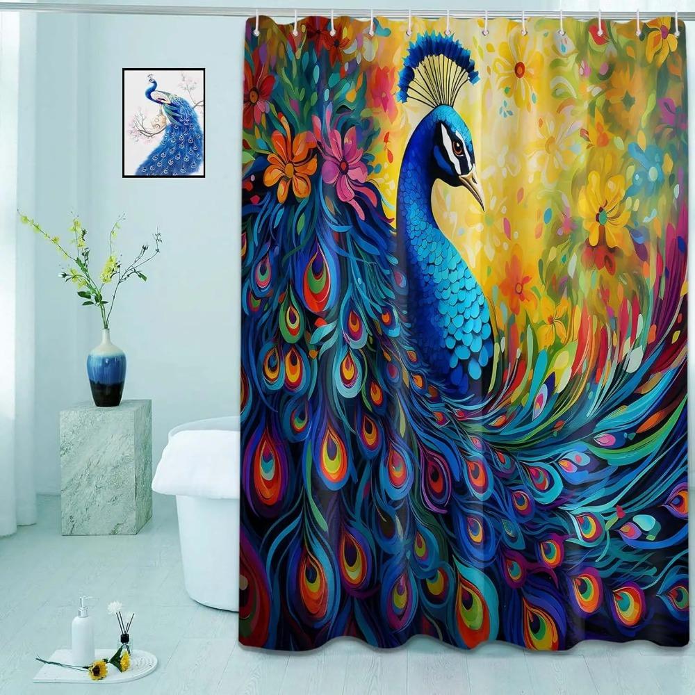 Peacock Printed Shower Curtain Blue Bird Watercolor Feather Floral Art For Bathroom Decor