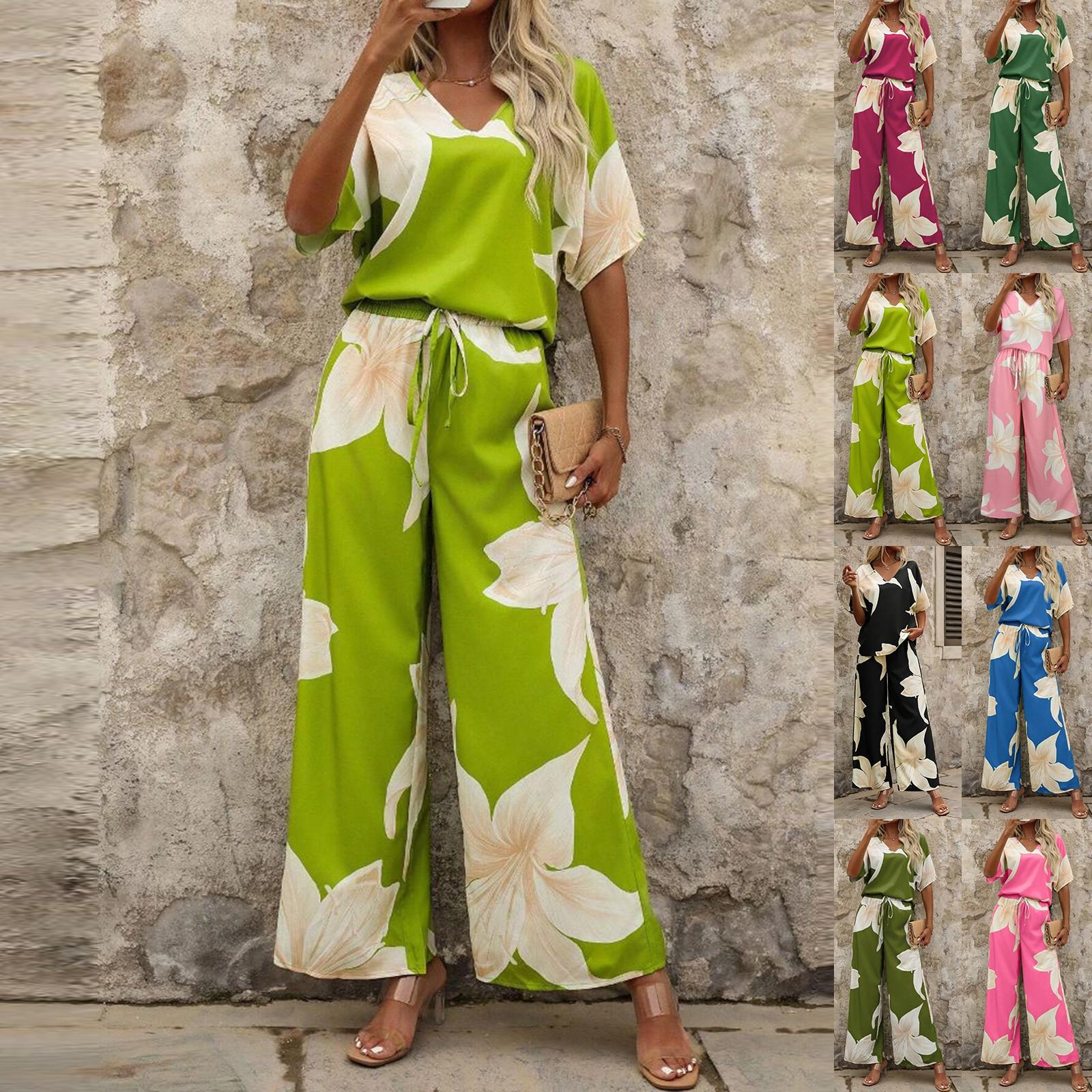 

Women s Fashion Casual Floral Print V-Neck Short Sleeve Top Pants Set L