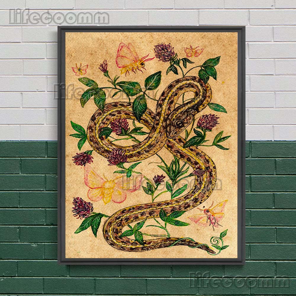 Yaban Hayatı Ve Çiçekler Bitkiler Vintage Doğa duvar sanatı tuval yağlıboya Karga, Geyik, Yarasa, Kaplumbağa Kriptozooloji Poster Baskı Dekorasyon (çerçeveli)