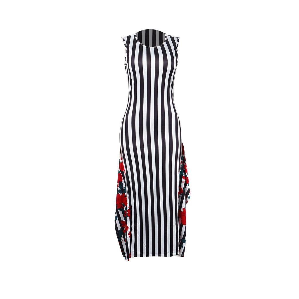 European & American Women's Sleeveless Striped Ruffle Print Dress