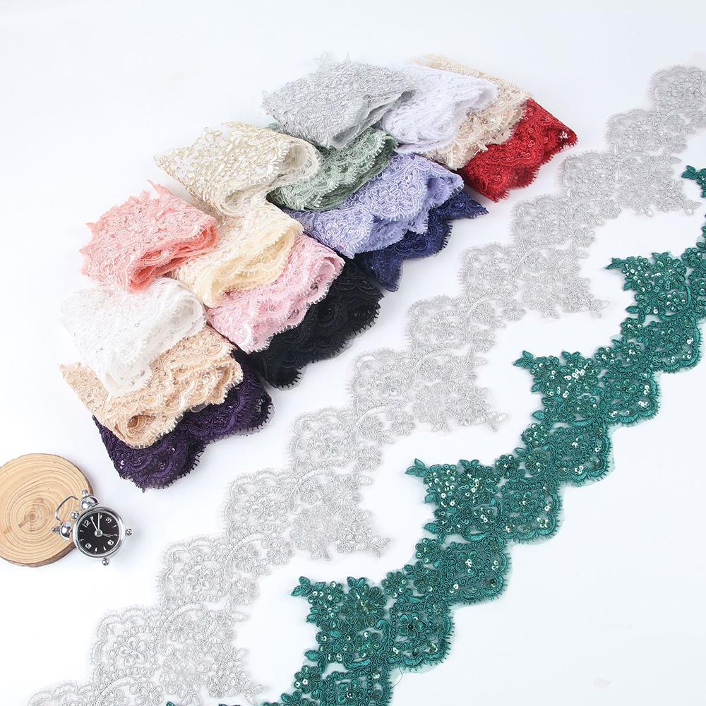 

1Yard Sequin Lace Fabric Flower Venise Mesh Trim Applique Sewing Craft For Wedding Dress 15CM Wide білий