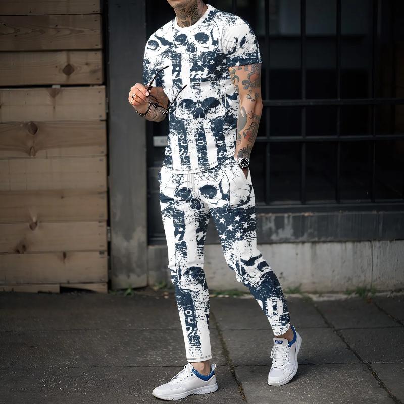 New Summer men's sportswear pants 2-piece set 3D skull printed short sleeved T-shirt+pants Street fashion holiday men's clothing