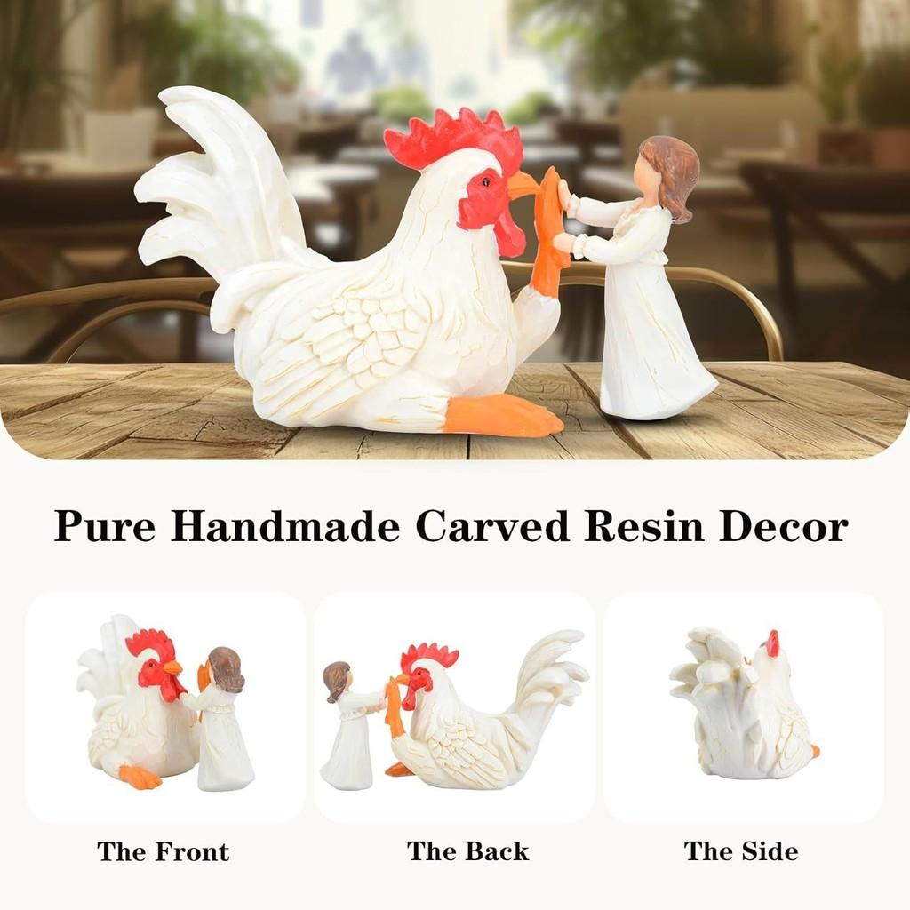 White Rooster Stunning And Girl Resin Figurine For Rustic Charm In Home Decor