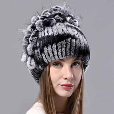 Winter Hats Women Rabbit Fur Rex Beanies Floral Elastic Fluffy Female Stylish Warm Fur Hats