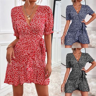 Women's Spring Summer Sexy V-Neck Floral Lace-Up Dress Casual Short Skirt