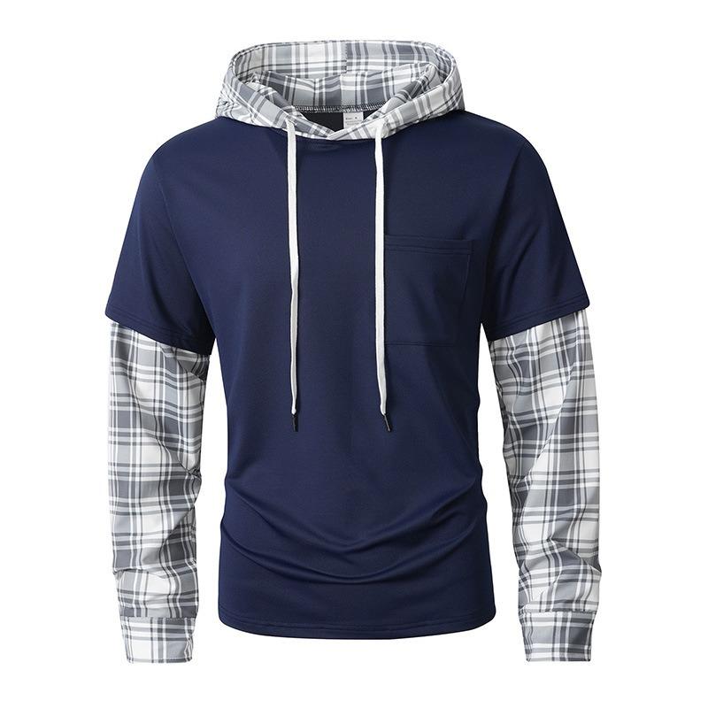 Spring and Autumn New Plaid Casual Solid Color Hooded Long-sleeved Sweatshirt for Men