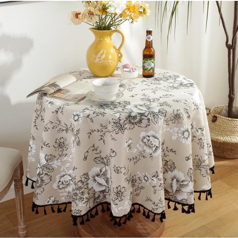 Floral Linen Cotton Tablecloth with Tassel Round Table Cover Dining Table Cover Tea Table Cloth Retro